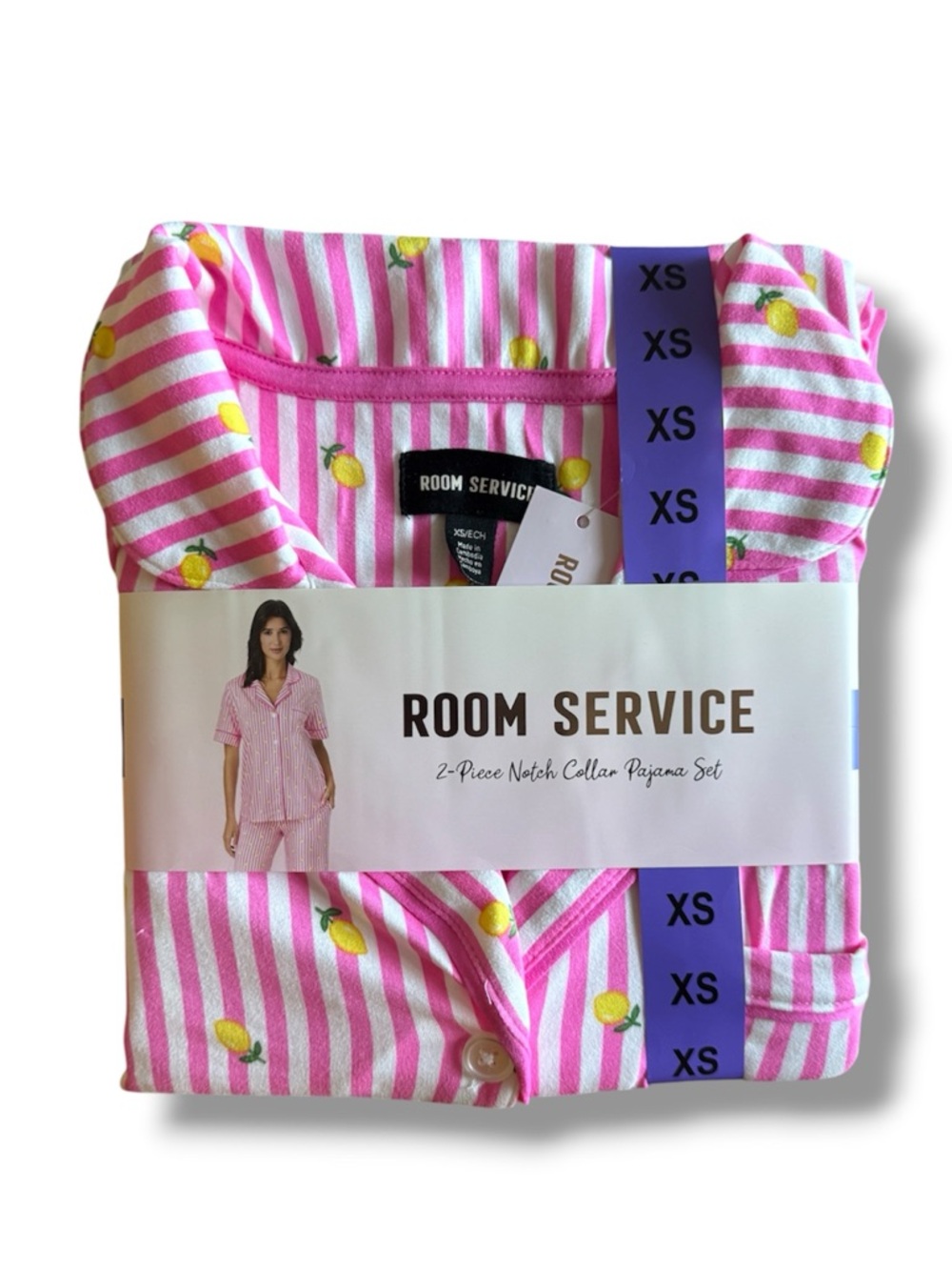 Room Service Pink & White Striped Pajama Set with Lemon Print